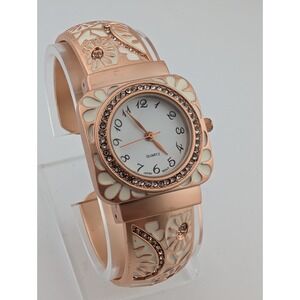 Accutime Watch Women 29mm Pave Rose Gold Case Floral Bangle Band- New Battery